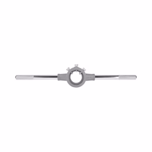 Industrial clamp tool with a circular central ring and knurled side bars, used to hold or align a pipe or bar.