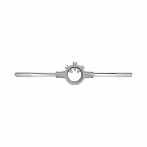Metal pipe clamp with a circular center opening and long knurled bars on both sides, used to secure a rod or tube.