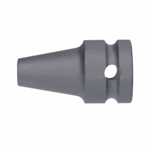 Gray conical nozzle-like metal tip with a mounting flange and a central through-hole