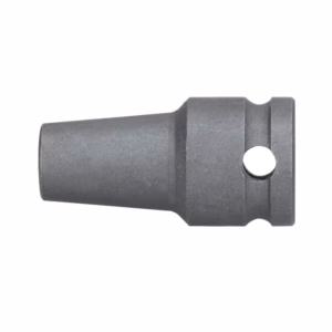 Gray machined metal shaft adapter with a side mounting hole for a pin, used in machinery.