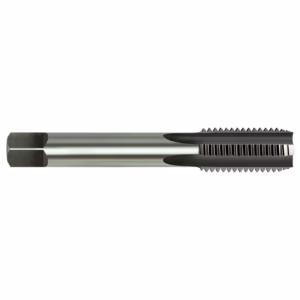 Metal threading tap tool with ridged cutting flutes on one end and a smooth shank, used to cut internal threads in metal.