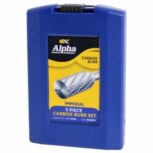 BURRSET1 - Alpha Tools Blue plastic case holding an Alpha Imperial 5-piece carbide burr set; label shows 'Carbide Burr' and '5 Piece'