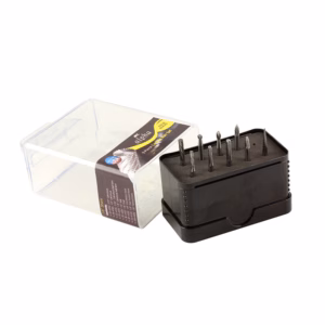 Compact drill bit set with 8 small silver bits in a black plastic case beside a clear plastic storage box.