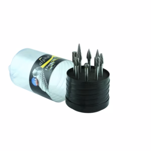 BURRSET2 - Alpha Tools 8-piece drill bit set in a black circular holder with a clear plastic case labeled alpha and standard shank bits ready for use