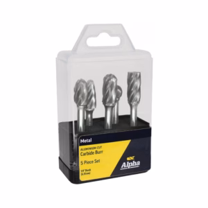 Five-piece set of aluminum-cut carbide burrs in a clear plastic case with black/yellow label (Alpha brand)