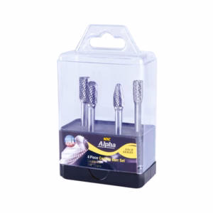 BURRSET7 - Alpha Tools Four carbide burr bits in a clear plastic carrying case, Alpha Gold Series (made in USA).