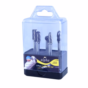 BURRSET8 - Alpha Tools Five carbide burrs in a clear plastic carrying case with a black base and Alpha label (Gold Series) for metalworking.