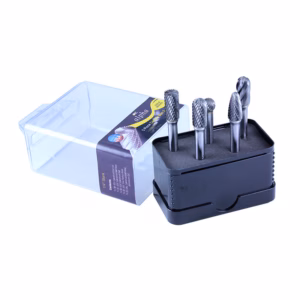 BURRSET9 - Alpha Tools Five metal drill bits standing upright in a black plastic case with a clear lid behind them.
