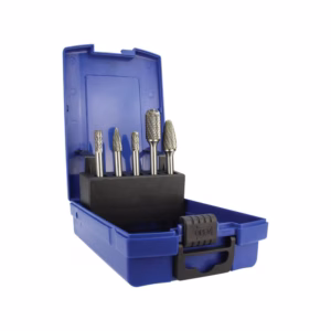 Open blue plastic tool case showing a row of silver drill bits in a black bit holder.