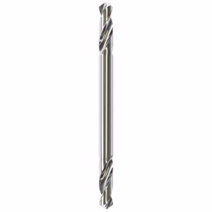 Long silver twist drill bit for metalworking, with helical flutes and sharpened cutting edges