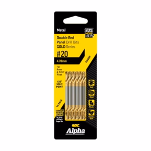 Double End Panel Drill Bits Gold Series #20, 4.09 mm, 135° split point, 10‑pack for metal drilling (Alpha brand)
