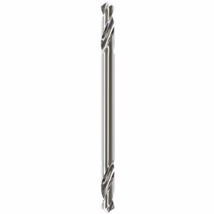 Vertical metal twist drill bit with helical flutes on white background.