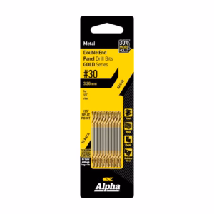 10-pack Alpha drill bit set: Gold Series #30, 3.26 mm with 135° split point and TiN coating for metal/wood/plastic