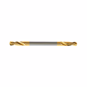 Twist drill bit with gold-coated ends and grey shaft laid horizontally on a white background