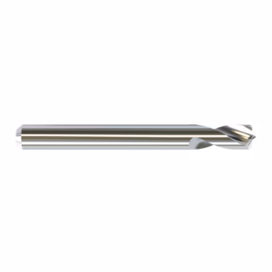 Twist drill bit made of shiny metal with helical flutes on a white background