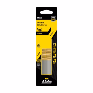 Package of Alpha Gold Series drill bits, 1/16" (1.59 mm) imperial size, titanium nitride coated, 10-pack for metal/wood/plastic with 135° split point.