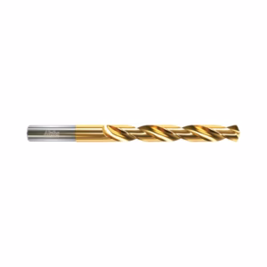 Gold-coated twist drill bit with a silver shank, shown horizontally on a white background.