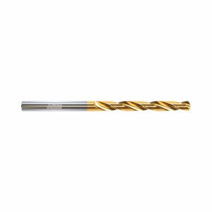 Gold-coated carbide end mill with spiral flutes and silver shank for metal cutting