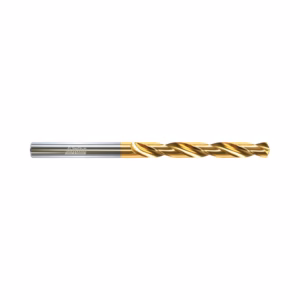 Gold-coated twist drill bit with a silver shank, designed for metal drilling