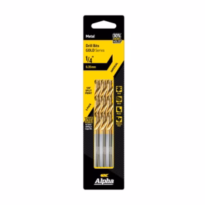 Metal drill bits, Gold Series, 1/4 inch (6.35 mm), titanium nitride coated, 5-pack for metal/wood/plastic/stainless steel (Alpha)