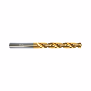 Gold-coated twist drill bit with a silver shank laid horizontally on a white background.