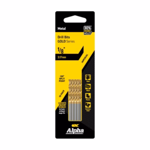 Gold Alpha Drill Bits package: 1/8 inch, imperial, 10-pack, with TITANIUM NITIDE coating, 135° split point (drill bits shown).