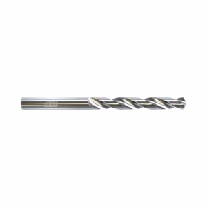 Metal twist drill bit with shiny chrome finish and helical flutes, shown horizontally on a white background