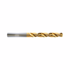 Gold-coated twist drill bit with silver shank on a white background, ready for metal drilling.