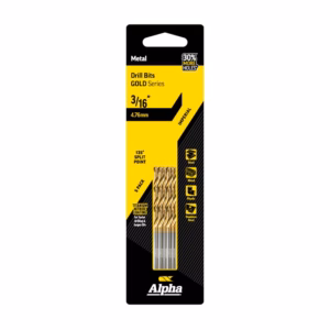 Package for Alpha Drill Bits GOLD Series, 3/16 inch, 5-pack with titanium nitride coating