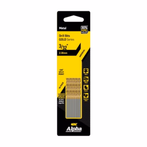 Alpha Drill Bits Gold Series packaging, 3/32" imperial, 135° split point, 10-pack, TiN coating