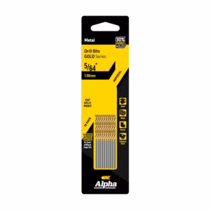 Yellow-and-black Alpha drill bits packaging: Gold Series, 5/64 inch (1.98 mm), imperial, 135° split point, titanium nitride coated, 10-pack with “30% more holes” label and icons for metal, wood, plastic, stainless steel.