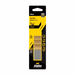 Package of Alpha drill bits, Gold Series, 7/64 in (2.78 mm) titanium nitride coated for metal, 10-pack.
