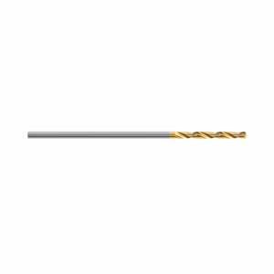 Gold-coated twist drill bit with a silver shaft used for metal drilling (long, slender tool)