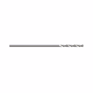 Long metal twist drill bit with helical flutes on a white background and a pointed tip.