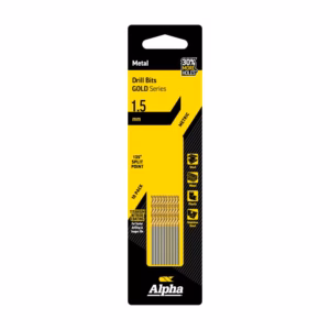 Package of Alpha Drill Bits GOLD Series, 1.5 mm, with 10 titanium nitride coated bits; 135° split point for metal drilling (packaging shows metal/wood/plastic icons). Used for metal drilling relief.
