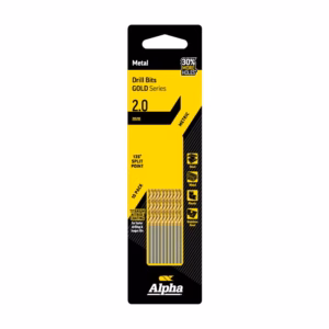 Drill bit set in yellow and black packaging showing 2.0 mm size, metric, 135° split point and titanium nitride coating (Alpha brand).