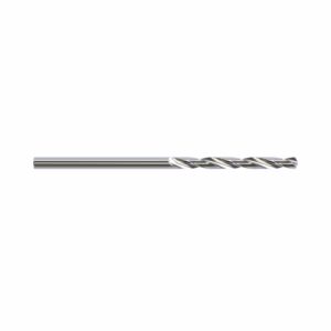Metal twist drill bit lying horizontally on a white background.