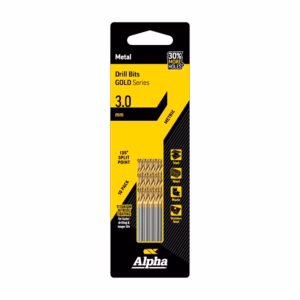 Gold Series drill bits 3.0 mm in yellow and black Alpha packaging, 10-pack, titanium nitride coated (metal). Includes 30% more holes label on top-right.