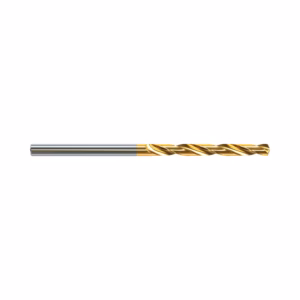 Gold-coated twist drill bit with silver shank and helical flutes, designed for metalworking