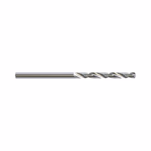 A silver twist drill bit with helical flutes used for drilling holes in metal or wood.