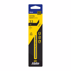 Packaging for Alpha Metal Drill Bits Black Series, 3.3 mm diameter, with 118° split point and 2-flute bit shown; yellow and black packaging with metal/steel icon and ‘Tempered Black Finish’ label