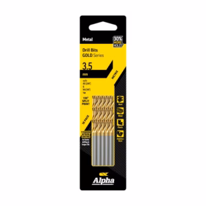 Product packaging for 3.5 mm drill bits (Gold Series), includes information on metal drill bits and 10-pack with titanium nitride coating