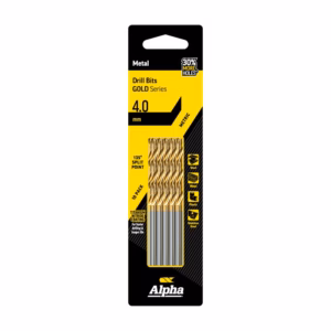 Drill bits in yellow and black Alpha packaging, 4.0 mm, Gold Series, 10-pack, titanium nitride coating, 135° split point