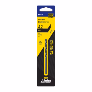 Packaging for Alpha drill bits: 4.2 mm metal bit with tempered black finish on a yellow/black card, brand Alpha.