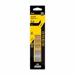 5 mm drill bit set (5 pieces) with Titanium Nitride coating in yellow and black Alpha packaging, 135° split point, metal use