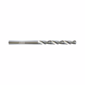 Metal twist drill bit for drilling holes in metal, showing its helical flutes and shiny surface.