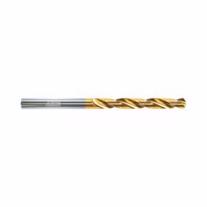 Gold-coated twist drill bit with a silver shank on a white background, showing the helical flutes