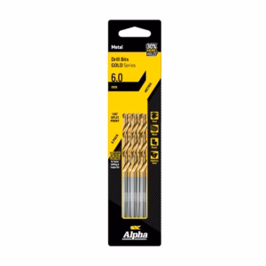 Drill bits in yellow and black Alpha packaging, labeled 6.0 mm Gold Series, titanium nitride coated (5 pack)
