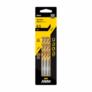 5-pack Alpha Gold Series drill bits, 6.5 mm, titanium nitride coated for metal, in yellow/black packaging
