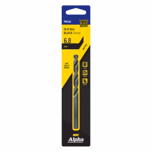 Packaging for Alpha Metal Drill Bits Black Series, 6.8 mm, with yellow and black design and a visible twisted drill bit. Verbal emphasis: 6.8 mm, 118° split point, tempered black finish.